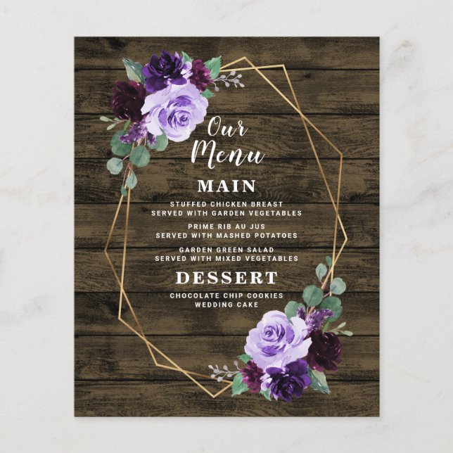 Cartas de menú rusas florales moradas y Bodas dora (Anverso)
