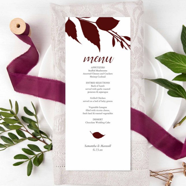 Cartas de menú temático de Boda de Borgoña (Maroon wedding menu features burgundy leave art by Victoria Grigaliunas of Do Tell A Belle)