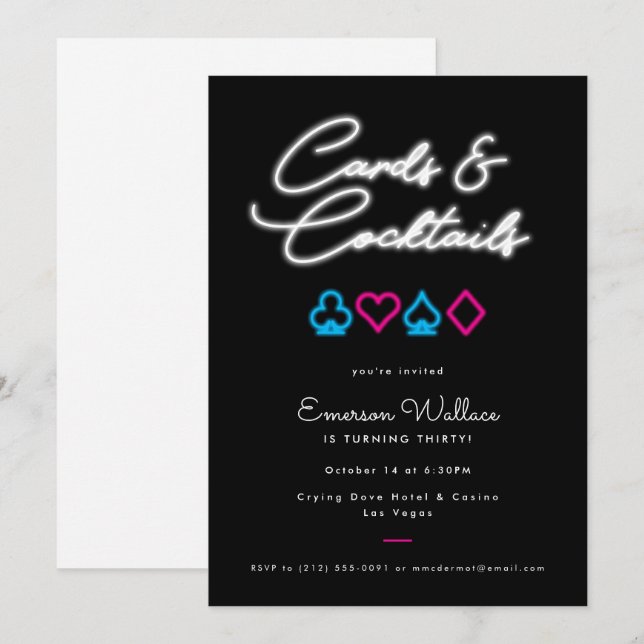 Cartas de Neon y cócteles Invitación a la fiesta d (Anverso / Reverso)