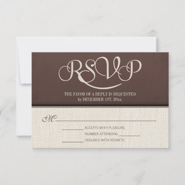 Cartas de respuesta de Mocha Rustic Linen RSVP (Anverso)