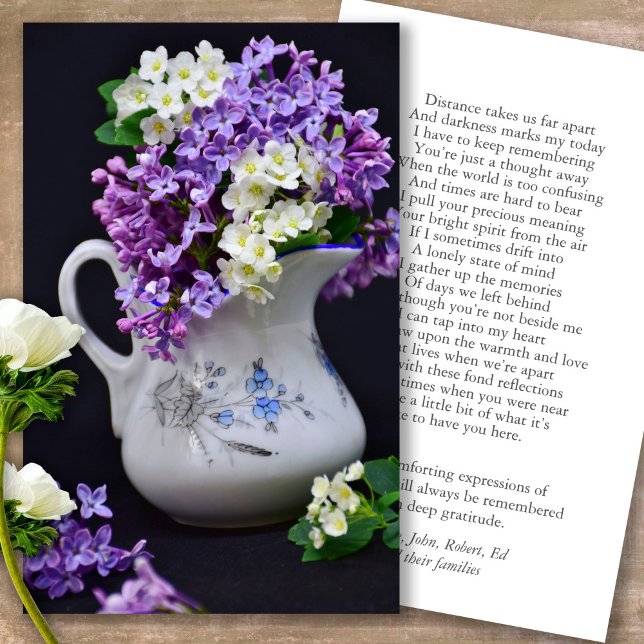 Cartas de simpatía de la oración de la Lilac por l (Forever in our hearts, celebration of life, in loving memory of, prayer cards for bereavement)