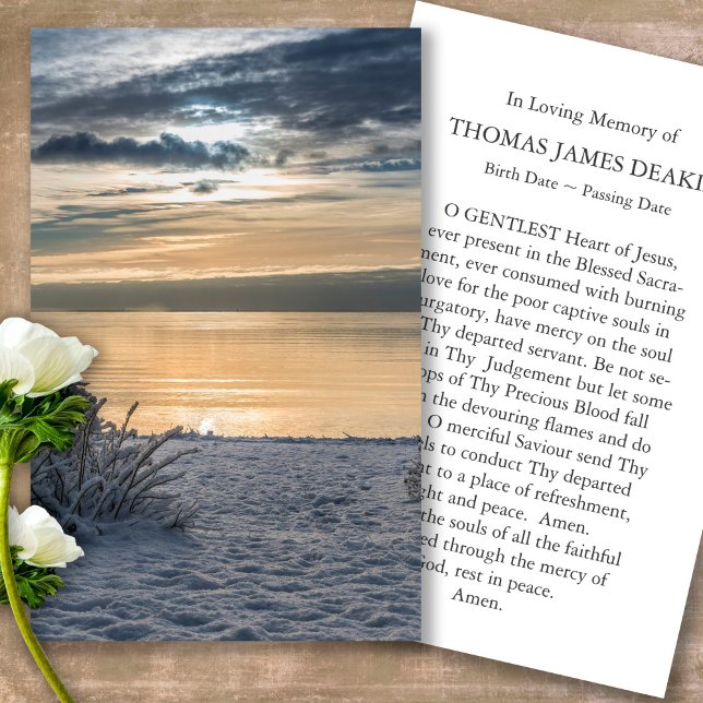 Cartas de simpatía de la oración del funeral en el (sunset, sunrise, beach, celebration of life, in loving memory of, prayer cards for bereavement)