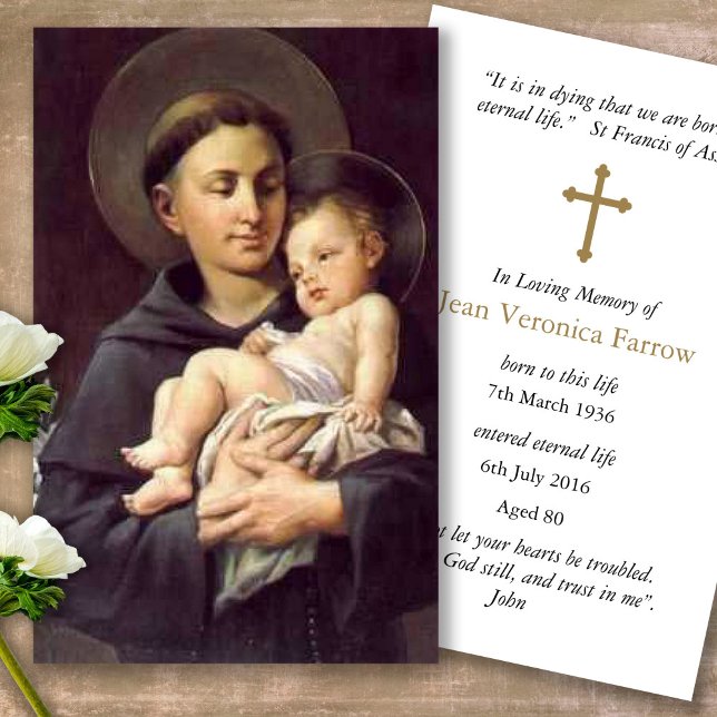 Cartas de simpatía de St Anthony Prayer (catholic, religious, celebration of life, in loving memory of, prayer cards for bereavement)