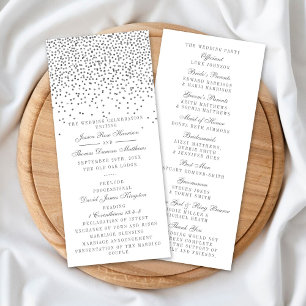 Cartas del programa de bodas de confeti de plata g