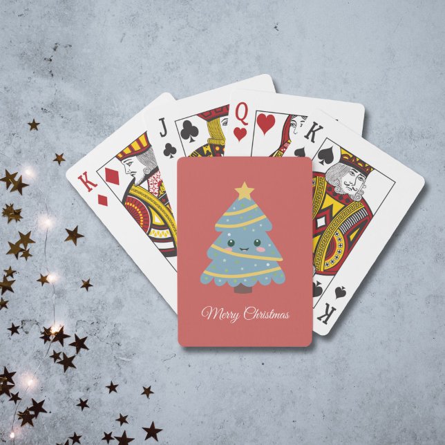 Cartas rojas de juego con árbol de Navidad Kawaii (Red Playing Cards with Kawaii Christmas Tree)