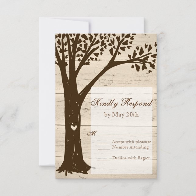 Cartas RSVP de Boda de árbol tallado de madera ant (Anverso)