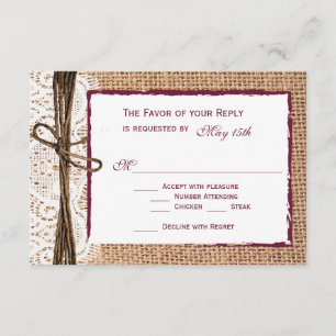Cartas RSVP de Boda de Cranberry Burlap, un país r