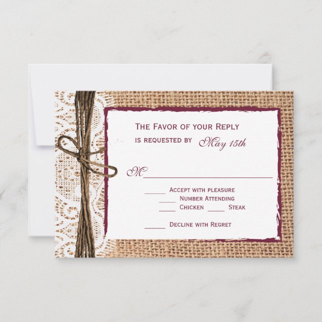 Cartas RSVP de Boda de Cranberry Burlap, un país r (Anverso)