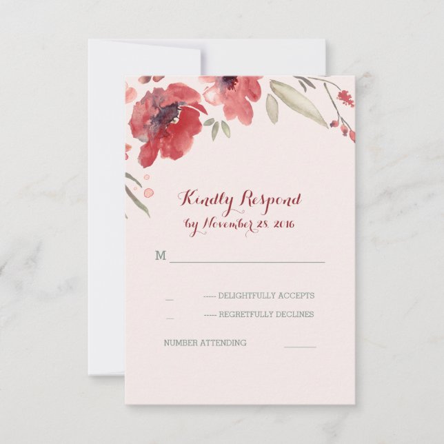Cartas Rsvp de Boda Floral de Borgoña (Anverso)