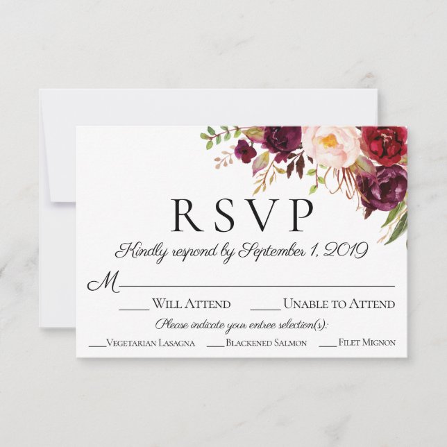 Cartas RSVP de boda floral de Marsala con opción d (Anverso)