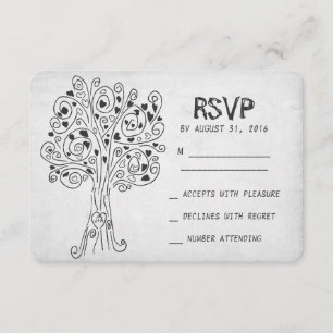 cartas RSVP de boda moderna en árbol tallado
