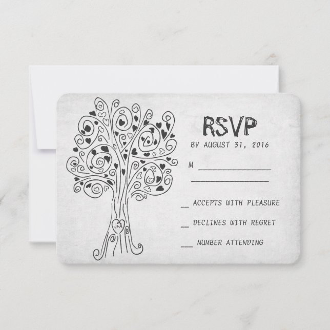 cartas RSVP de boda moderna en árbol tallado (Anverso)