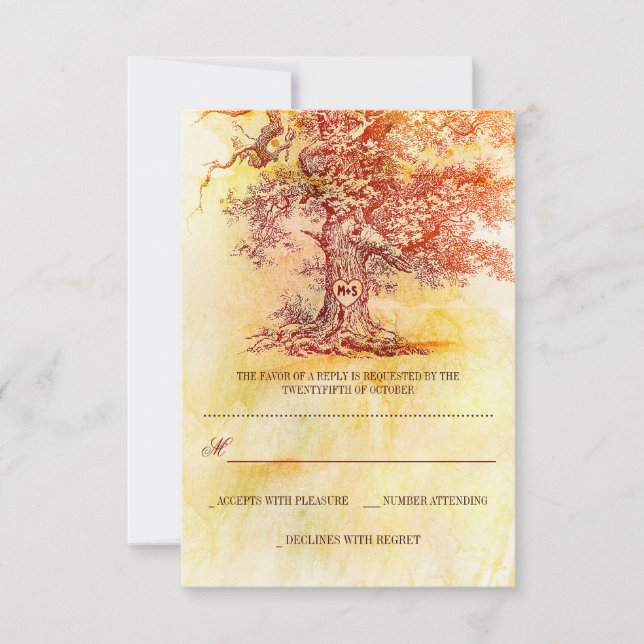 cartas RSVP de boda rústica de árbol de otoño (Anverso)