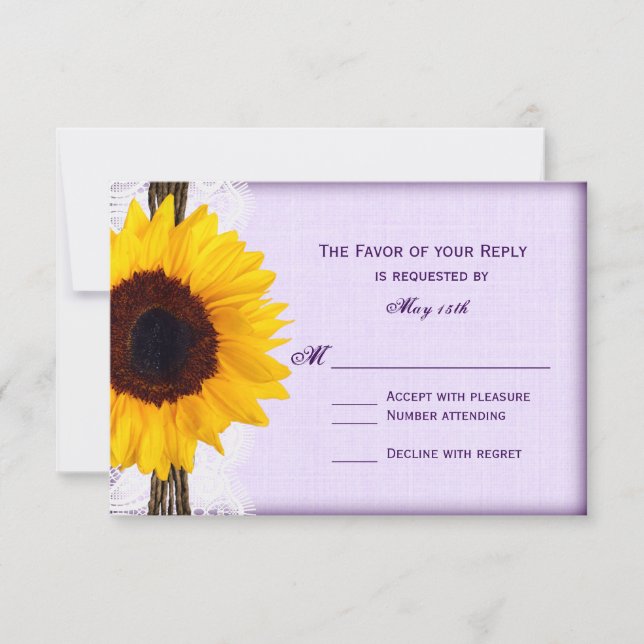 Cartas RSVP de boda rústica de girasol morado (Anverso)