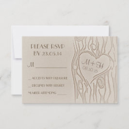 cartas RSVP de boda rústica en árbol tallado
