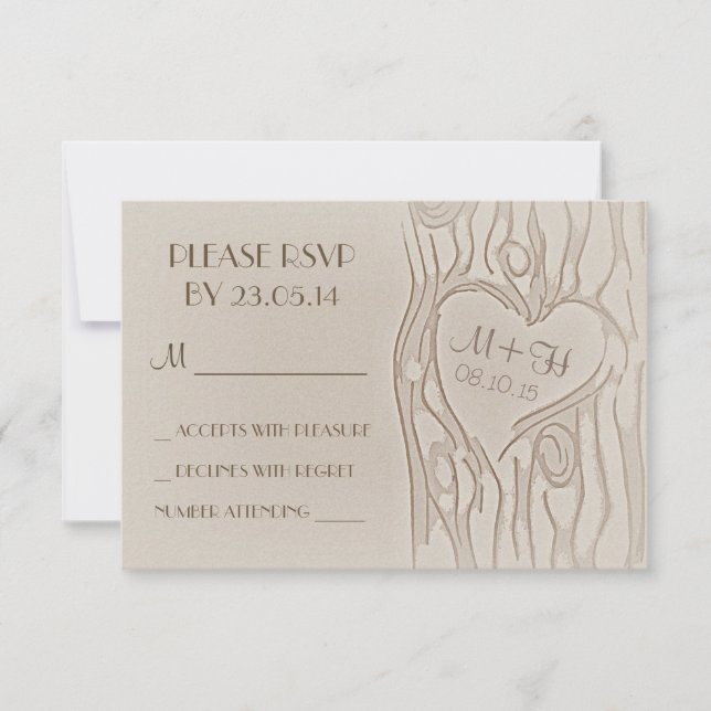 cartas RSVP de boda rústica en árbol tallado (Anverso)