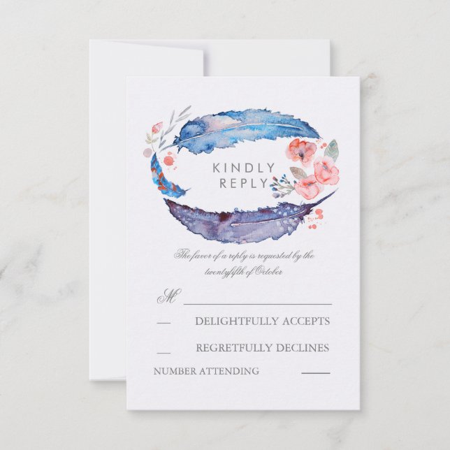 Cartas RSVP de Bohemian Feathers Romantic Wedding (Anverso)