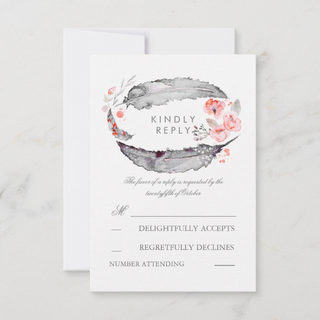 Cartas RSVP de Bohemian Feathers Romantic Wedding (Anverso)