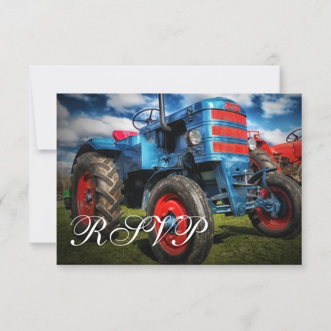 Cartas RSVP de casamiento azul para el Tractor de  (Anverso)