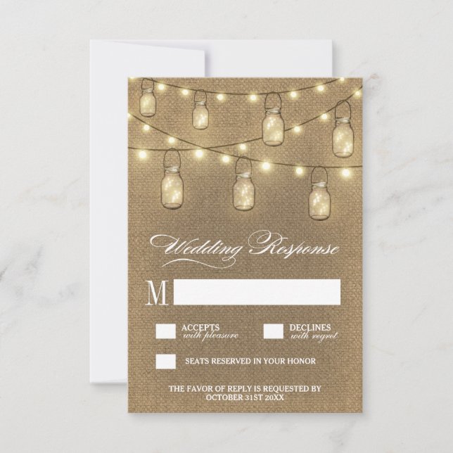 Cartas RSVP de Country Burlap Mason Jar Wedding (Anverso)