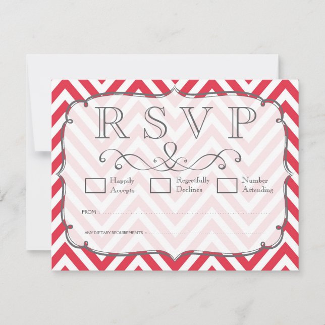 Cartas RSVP de la boda de chevron blanco y rojo co (Anverso)