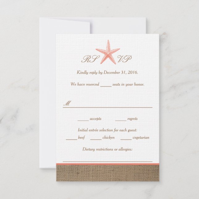 Cartas RSVP de la boda de la playa de Coral Starfi (Anverso)
