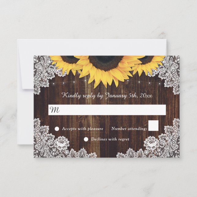 Cartas RSVP de la boda del girasol de la madera rú (Anverso)