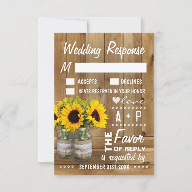 Cartas RSVP de la boda del girasol de Mason Jar Bu (Anverso)