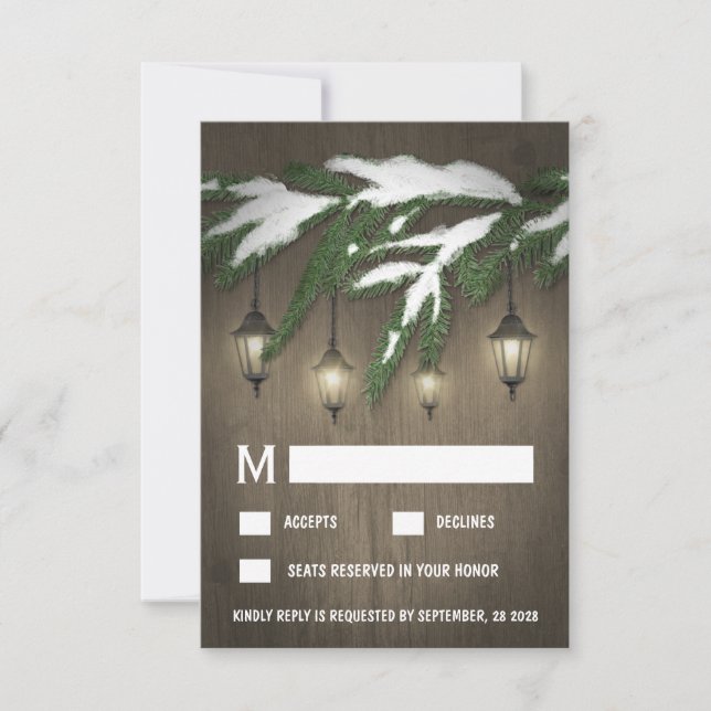 Cartas RSVP de la boda rústica de la nevada Evergr (Anverso)