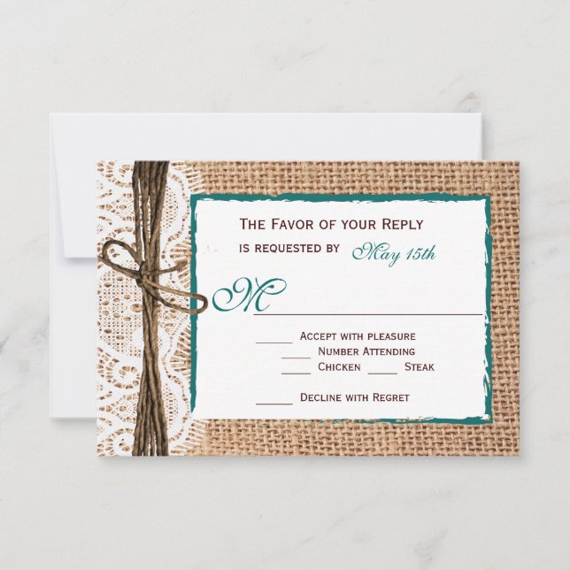 Cartas RSVP de la boda Verde azulada Rústica de la (Anverso)