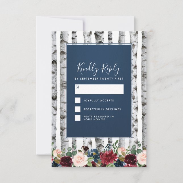 Cartas RSVP de la Marina Birch Trees Boda Azul de  (Anverso)