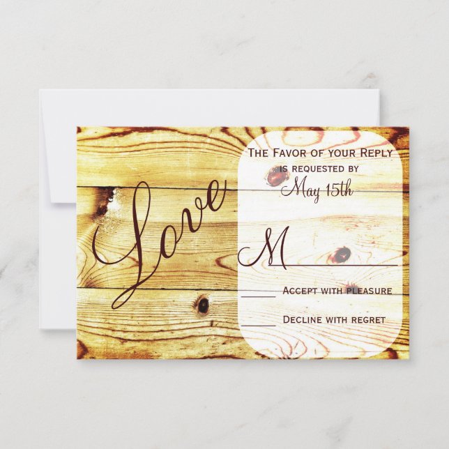 Cartas RSVP de Rústico Country Barn Wood Love Wedd (Anverso)