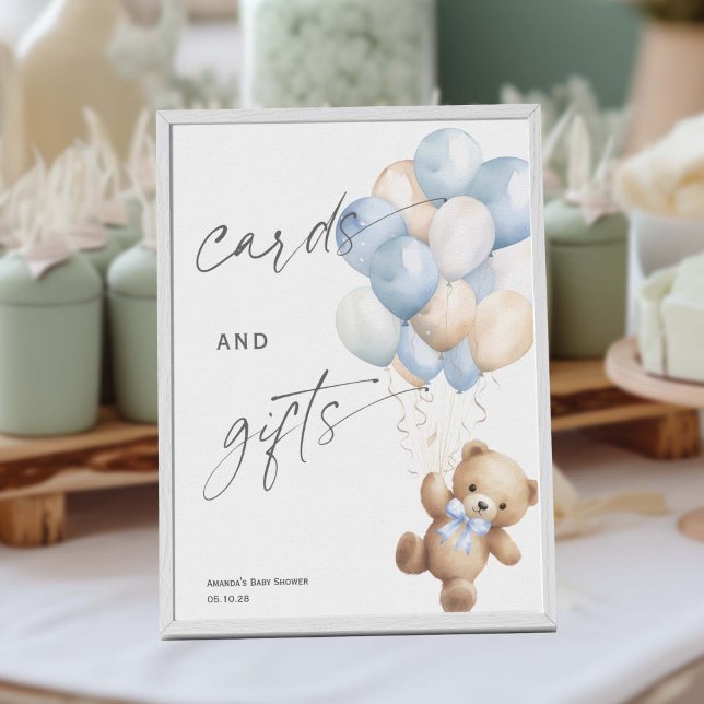 Cartas y señas de regalo, azul Bearly espera señal (Blue Baby Boy Shower, We Can Bearly Wait Themed Cards and gifts sign)
