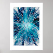 Cartel - Arte de Tinta Alcohólica Flor Azul Blanca