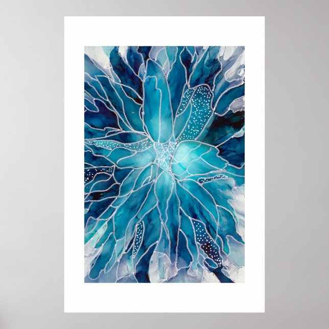 Cartel - Arte de Tinta Alcohólica Flor Azul Blanca (Frente)