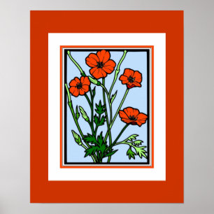 Cartel Arte Vintage Naranjas Amapolas Rojas