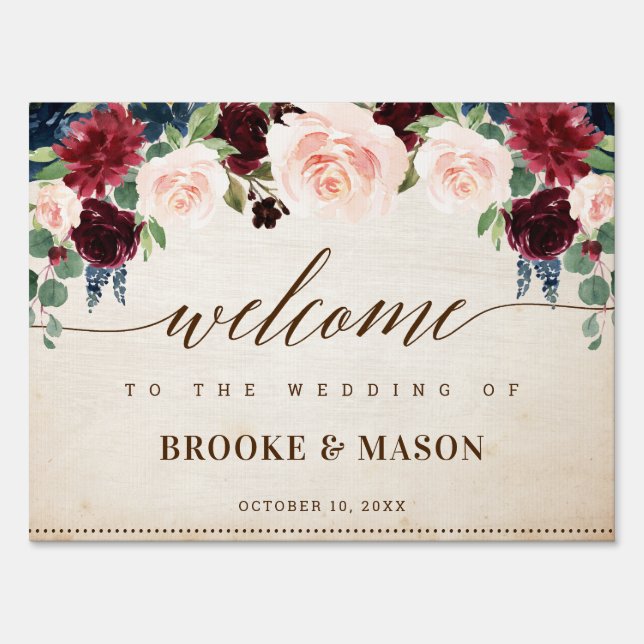 Señal de bienvenida a nuestra boda, letrero de bienvenida de boda azul  marino y rubor, letrero de bienvenida de boda, cartel de boda floral,  carteles