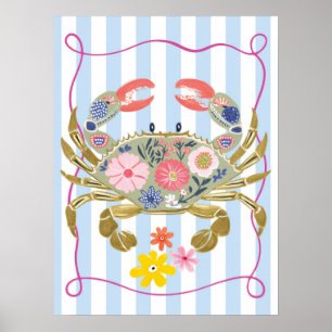 cartel de arte de pared de cangrejo floral funky o