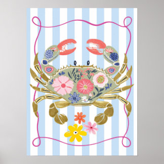 cartel de arte de pared de cangrejo floral funky o