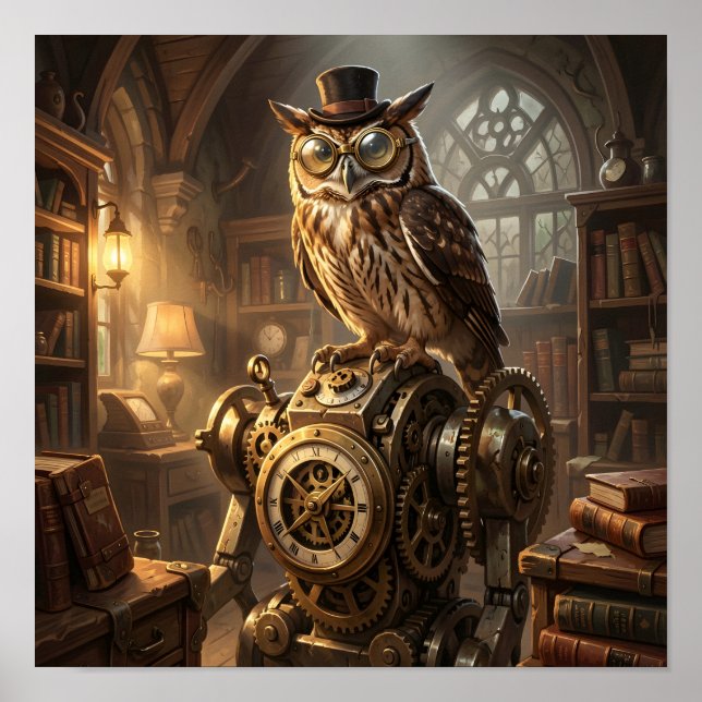 cartel de arte de reloj de lechuza steampunk (Frente)