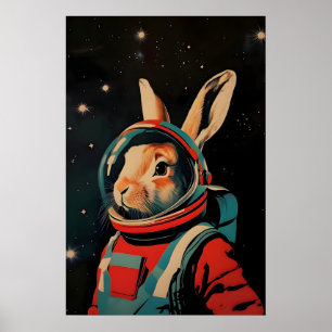 Cartel de astronauta de liebre, impresión retro de