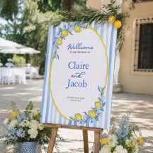 Cartel de bienvenida de boda con limón azul medite
