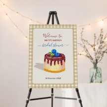 Cartel de bienvenida de boda con pastel dibujado a