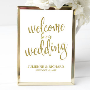 Cartel de bienvenida de boda dorado asequible