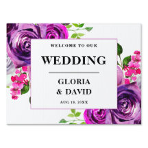 Cartel de bienvenida de boda floral morado románti