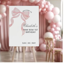 Cartel de bienvenida de niña con lazo rosa en su p