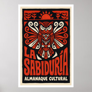 Cartel de búho sabio en negrita rojo y negro arte 