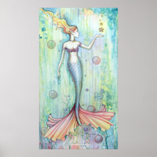 Cartel de impresión de sirena en acuarela de burbu