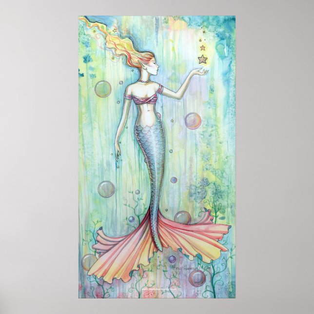 Cartel de impresión de sirena en acuarela de burbu (Frente)