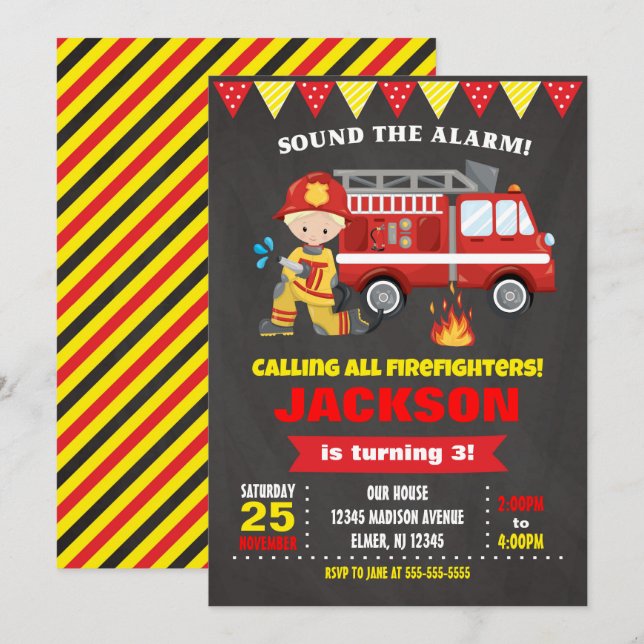 Cartel de invitación al cumpleaños del bombero (Anverso / Reverso)